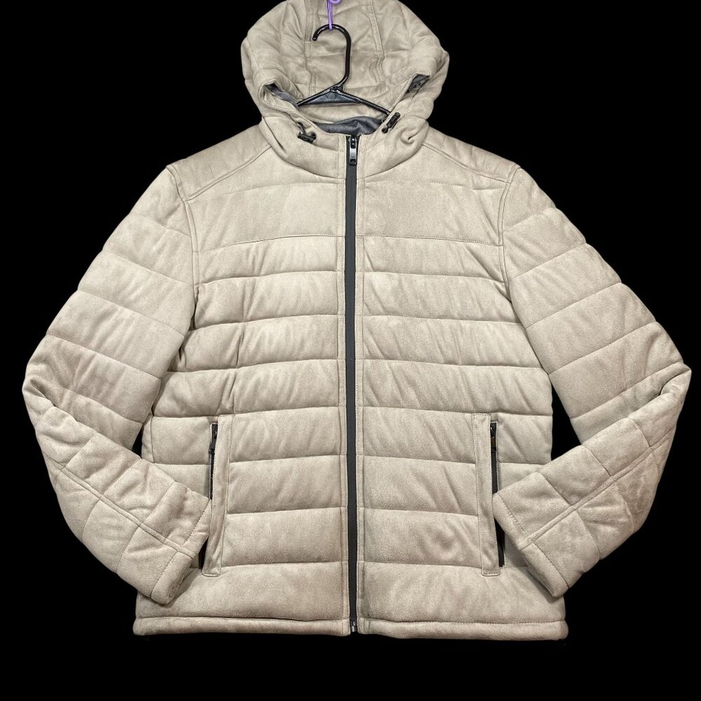 Zara Mens Beige Quilted Puffer Jacket Hood Size XL Warm Polyester Winter Coat